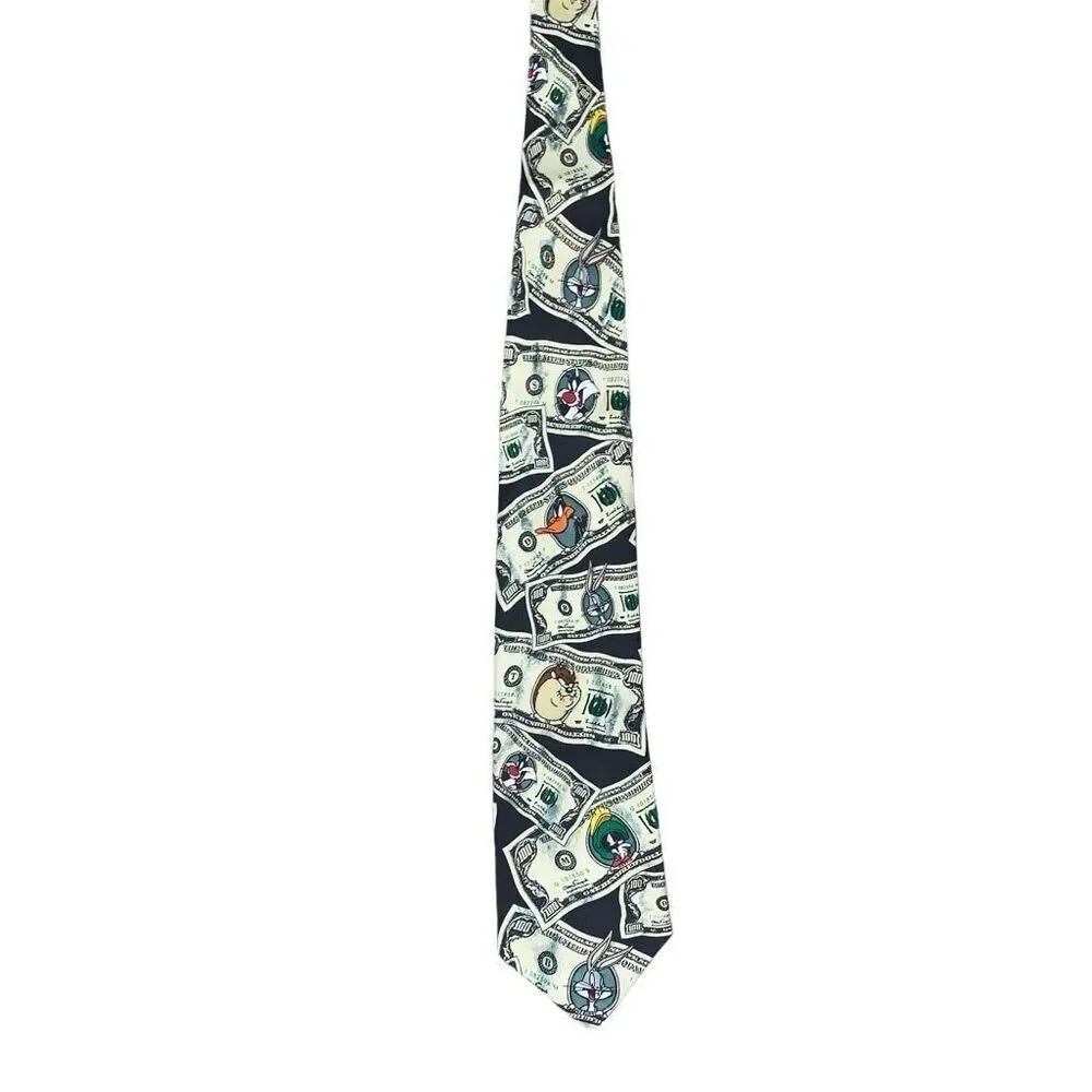 Vtg Looney Tunes for President Money Novelty Neck Tie Black Bugs Bunny & Friends